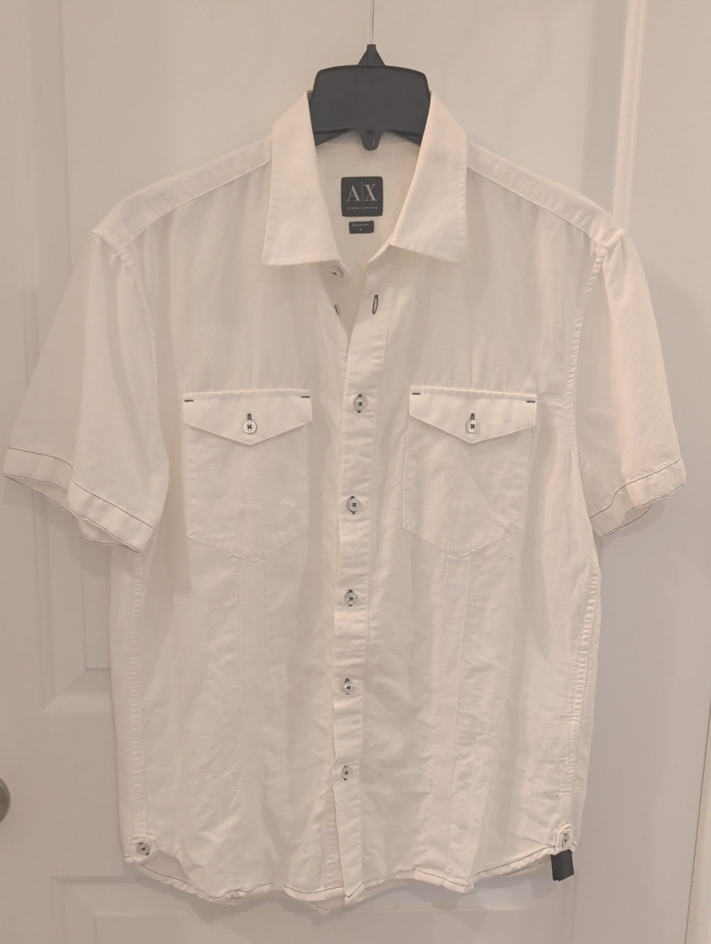 A/X Armani Exchange Men's White Short-Sleeve Button Down Shirt Cotton Linen
